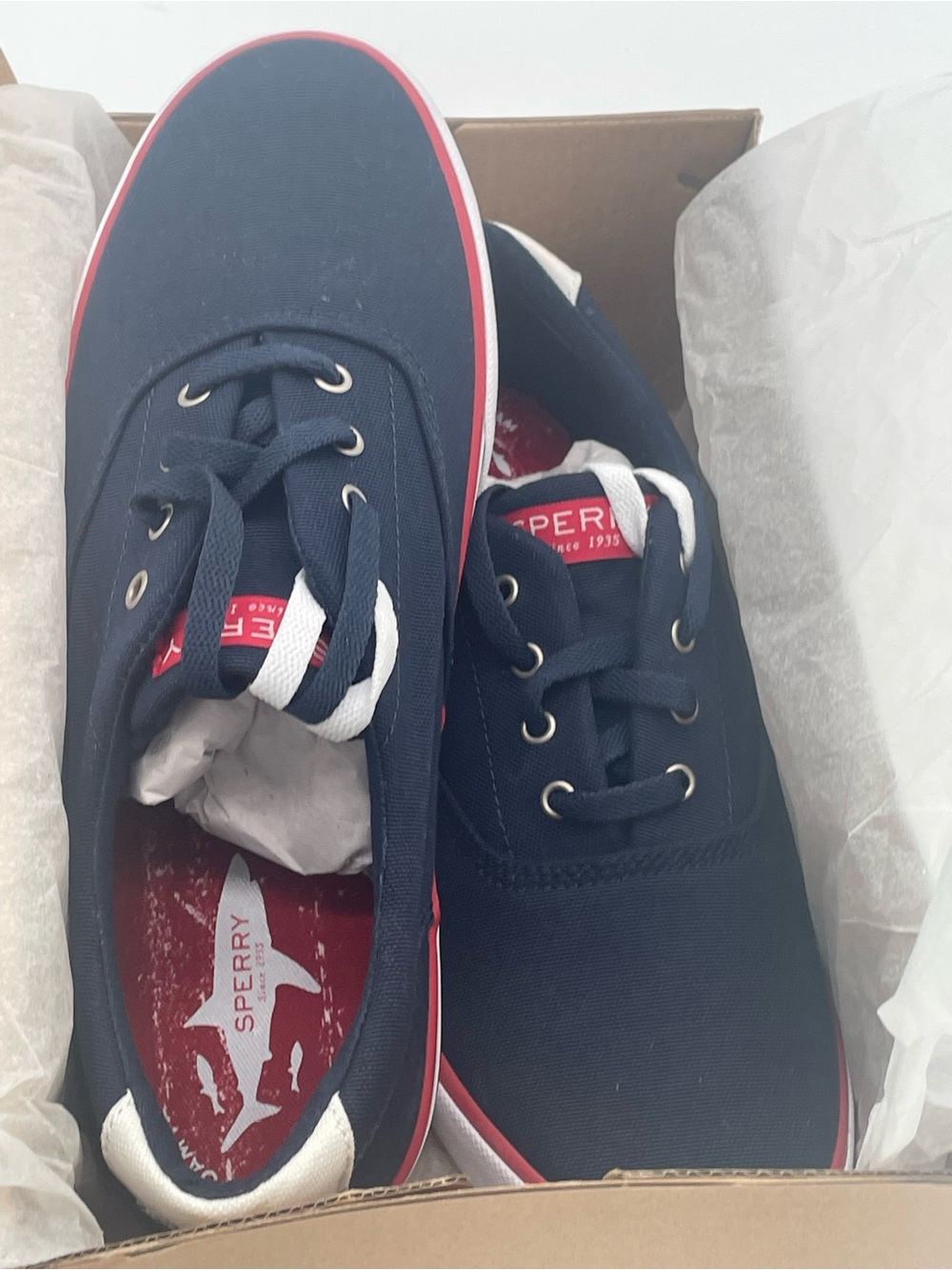 Sperry Navy Canvas Boat Shoes with Red and White Trim